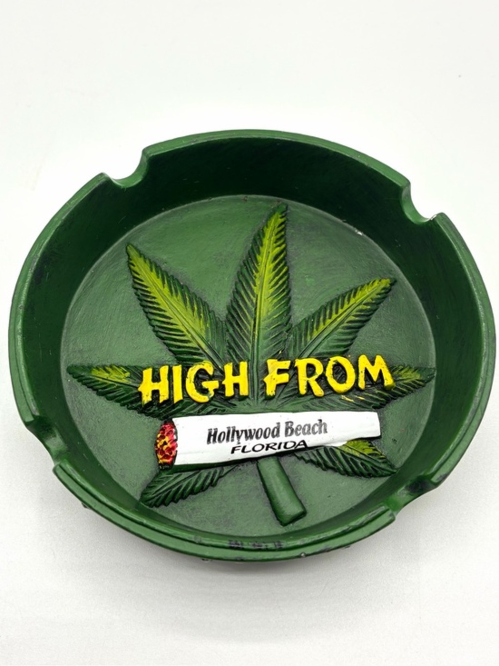 High From Hollywood Beach Florida Souvenir Ashtray Green Novelty Resin 4.25”